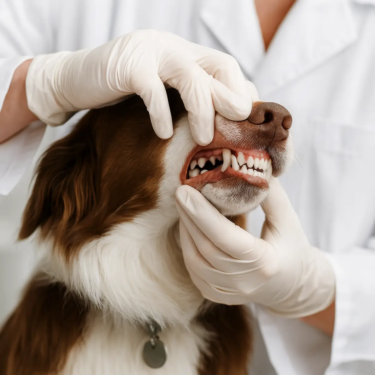 Veterinário com luvas brancas abrindo a boca de um cão de pelagem marrom e branca para examinar seus dentes e gengivas.